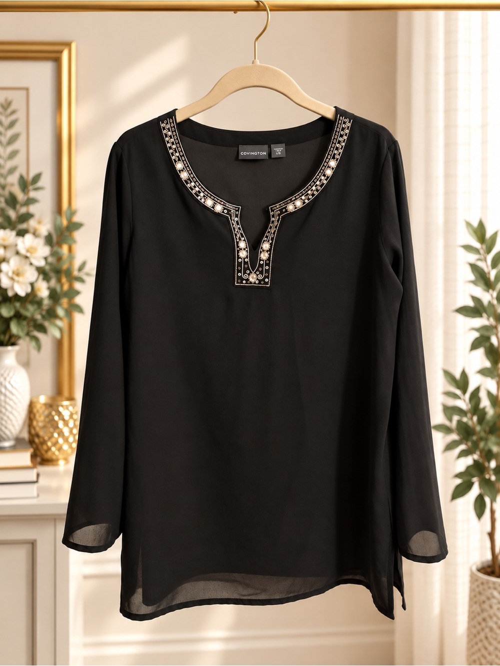 Covington Black Sheer Embellished Beaded Neckline Tunic Blouse Size L